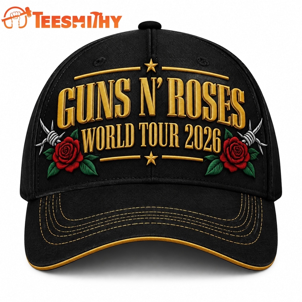 Guns N Roses World Tour 2026 Gold Text Rose Graphics Classic Cap