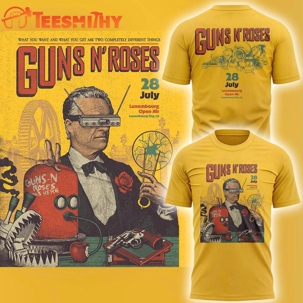 Guns N’ Roses World Tour to Luxembourg 2025 Yellow T Shirt Guns N’ Roses World Tour to Luxembourg 2025 Yellow T Shirt
