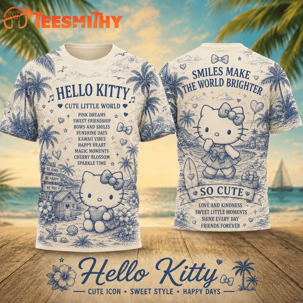 Hello Kitty Blue Palm Trees Vintage Storybook 2026 Vintage 3D Shirt
