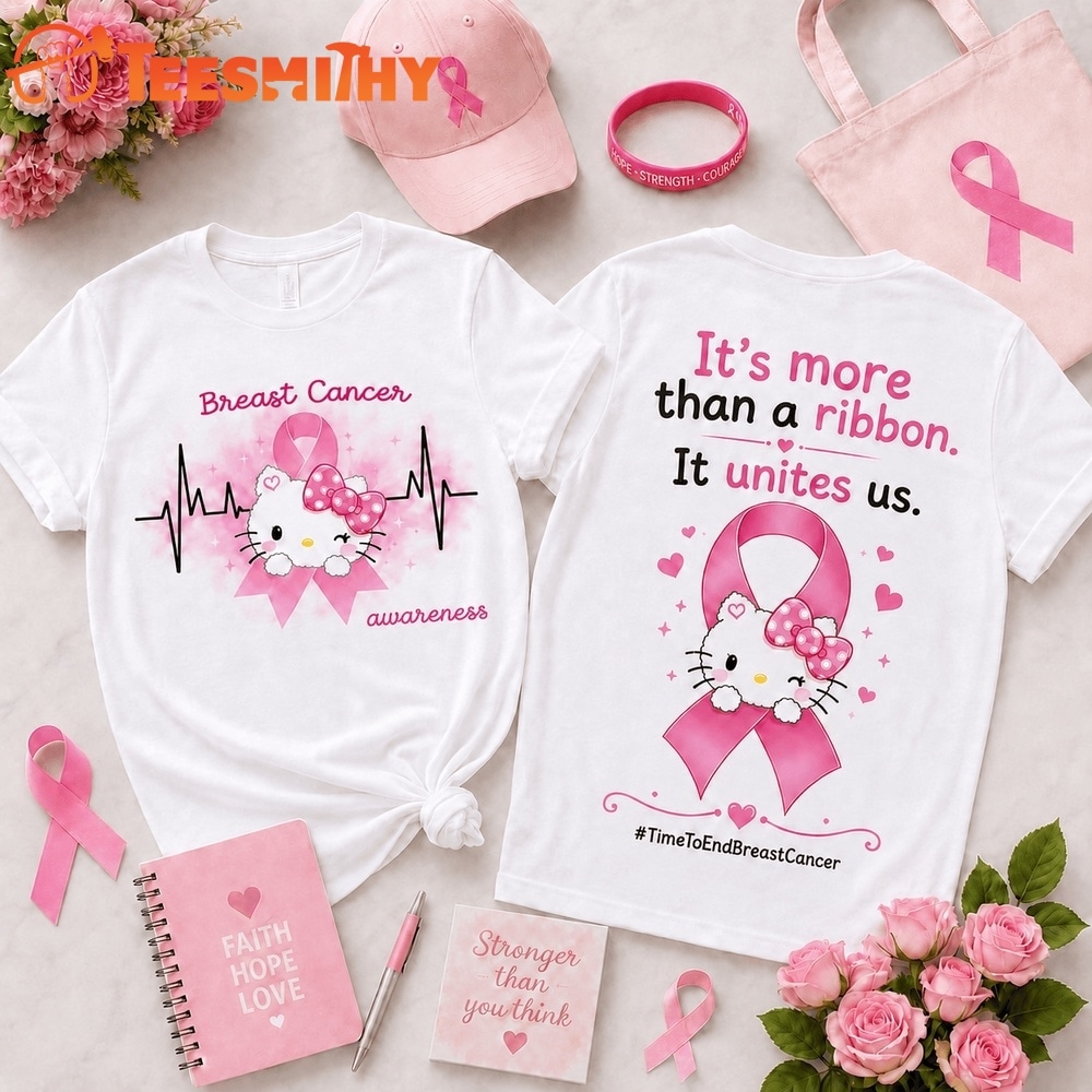 Hello Kitty Together in Pink Breast Cancer Awareness Ribbon, Heartbeat & Unity Front and Back T Shirt