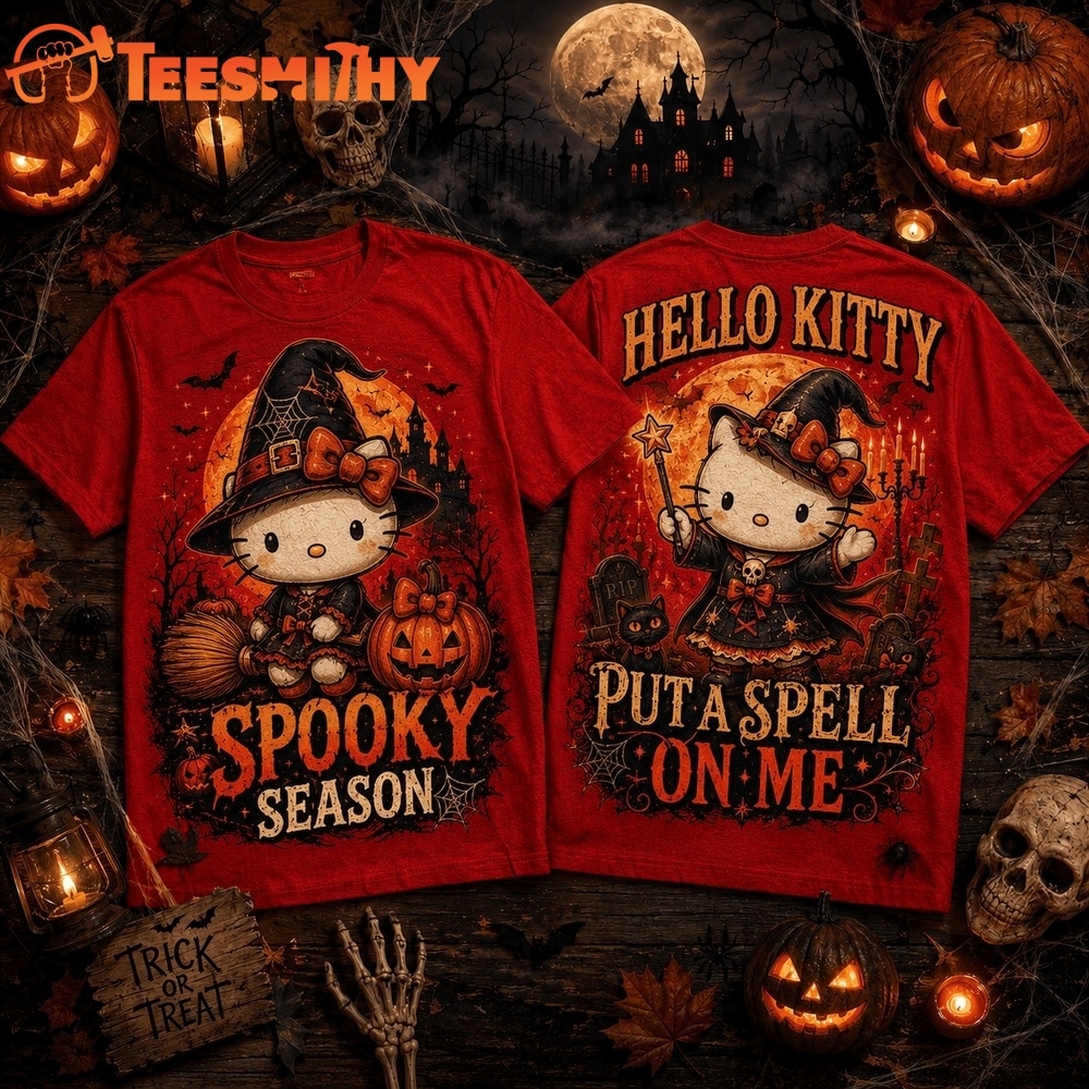 Hello Kitty Witch Hat Pumpkin Spooky Season Halloween 3D Shirt