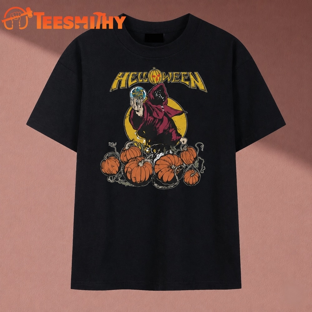 Helloween Hooded Sorcerer Crystal Ball Pumpkins Graphic T Shirt
