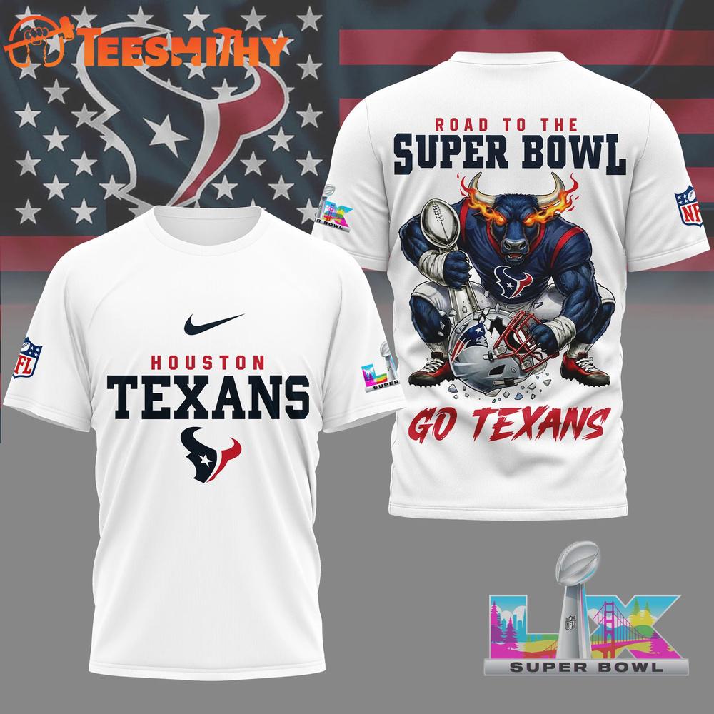 Houston Texans 2026 NFL Road To Super Bowl White 3D Shirt