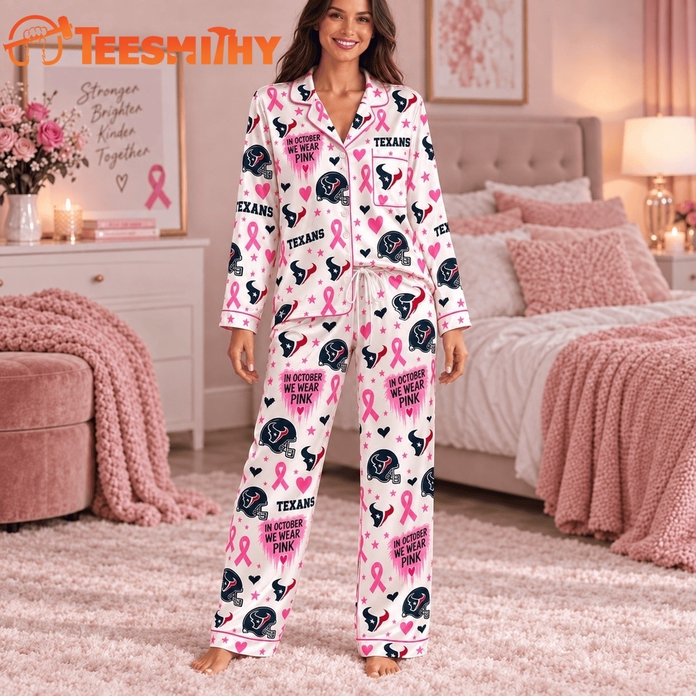 Houston Texans NFL Breast Cancer Pink Ribbon Long Sleeve Pajamas Set