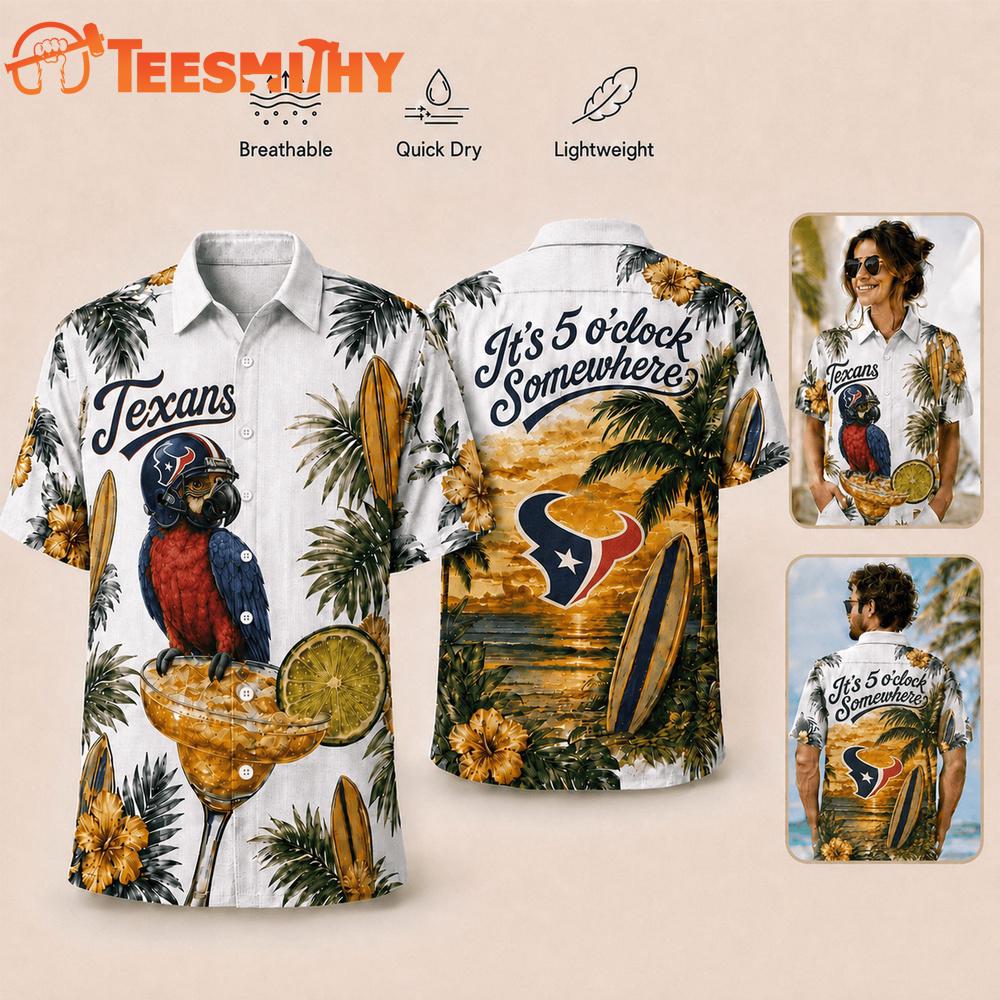 Houston Texans NFL It's 5 O'clock Somewhere Button Up Tropical Parrot Hawaiian Shirt
