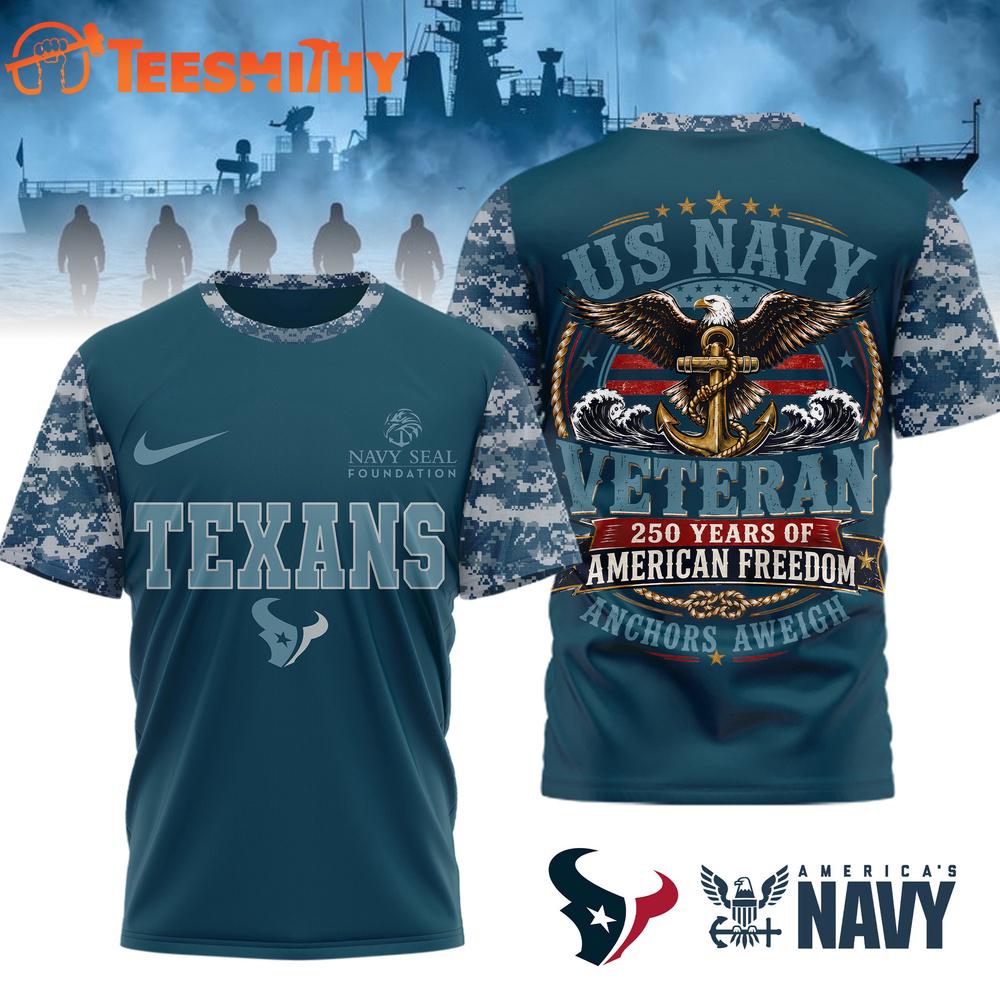Houston Texans US Navy Veteran 250 Years American Freedom 3D Shirt