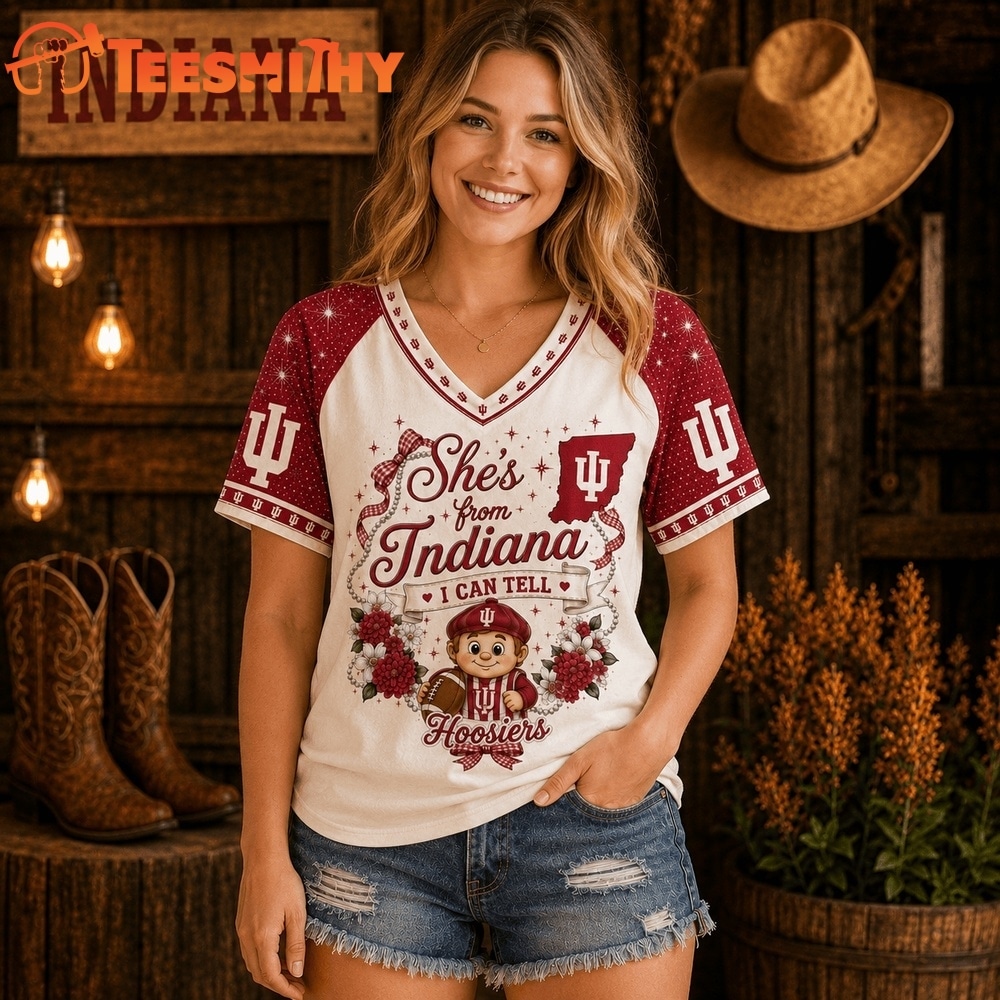 Indiana Hoosiers NCAA Bow and Floral Team Spirit V Neck T Shirt 1 Indiana Hoosiers NCAA Bow and Floral Team Spirit V Neck T Shirt