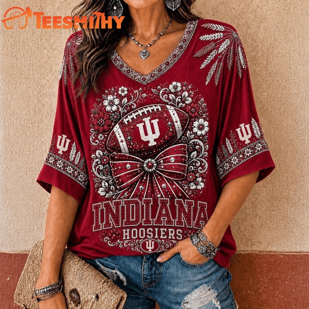 Indiana Hoosiers NCAA Vintage Floral Bow V Neck T Shirt
