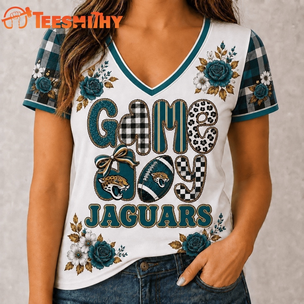 Jacksonville Jaguars NFL Football Flowers Team Pride V Neck T Shirt