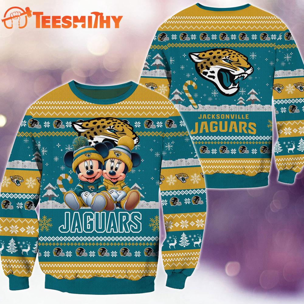Jacksonville Jaguars NFL Mickey Minnie Ugly Christmas Sweater Jacksonville Jaguars NFL Mickey Minnie Ugly Christmas Sweater