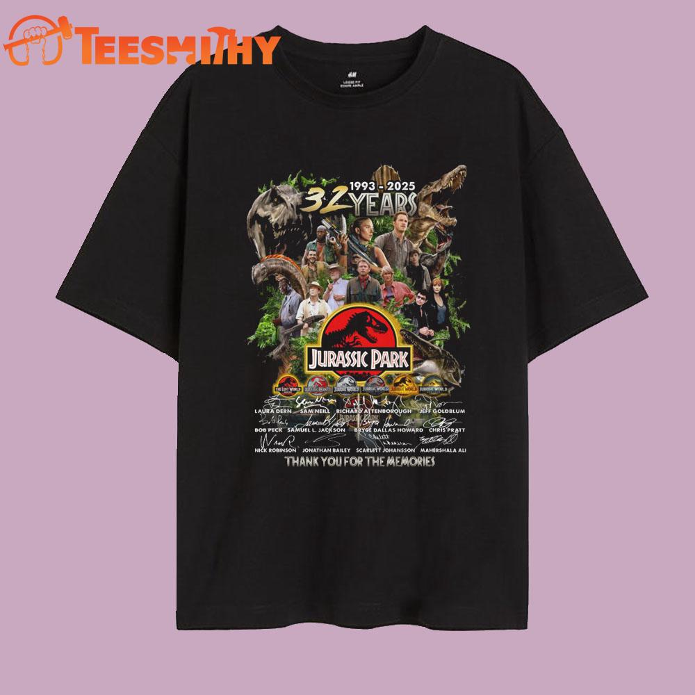 Jurassic Park 32 Years 1993-2025 Graphic Signature Vintage T Shirt Jurassic Park 32 Years 1993-2025 Graphic Signature Vintage T Shirt