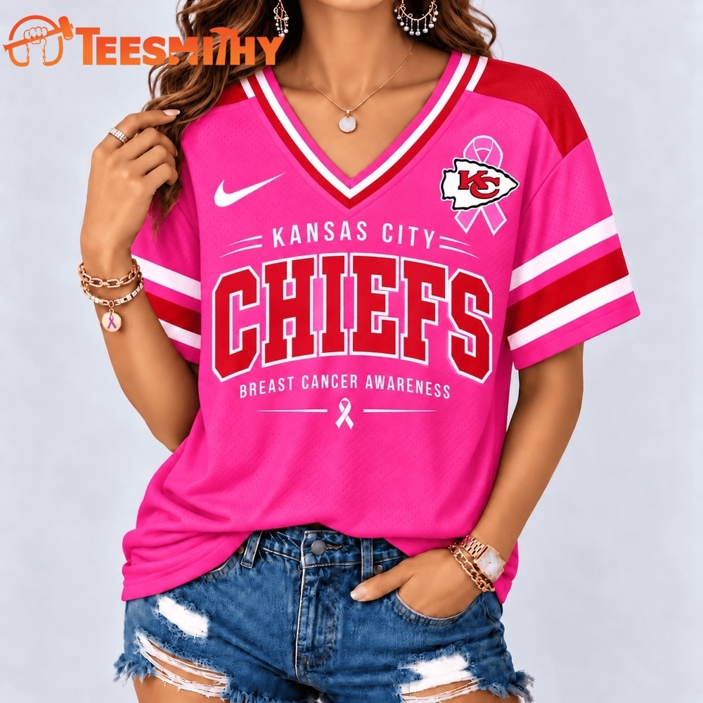 Kansas City Chiefs 2026 NFL Pink Breast Cancer Awareness V neck T Shirt