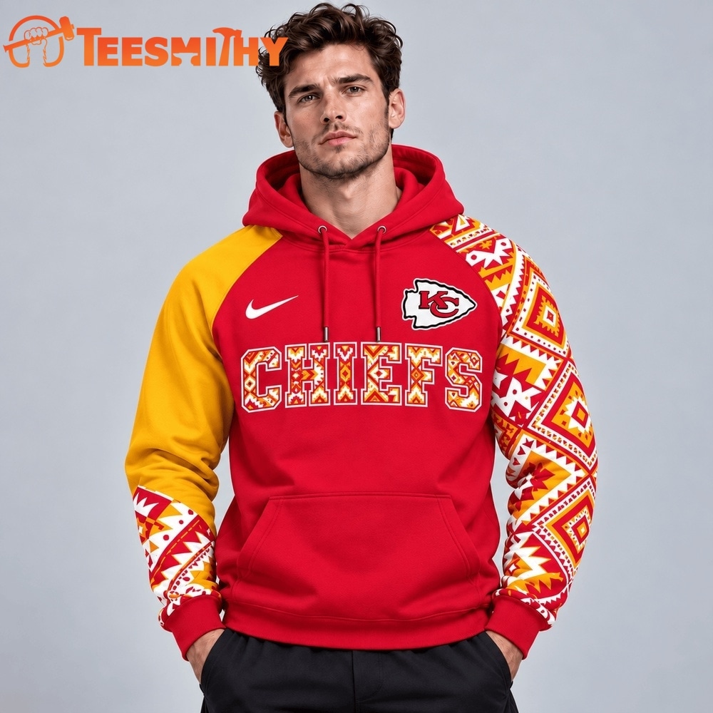Kansas City Chiefs NFL Aztec Inspired Colorblock Hoodie With Asymmetric Sleeves And Bold Team Lettering