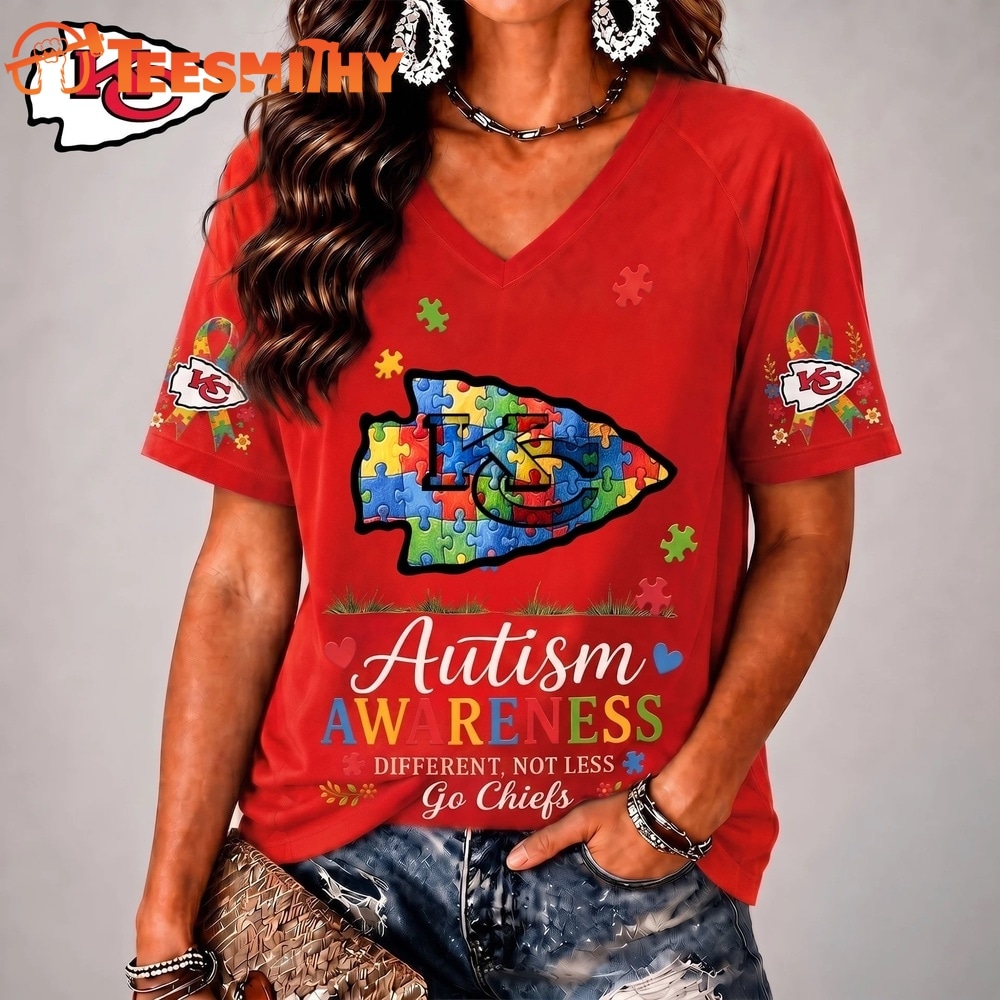 Kansas City Chiefs NFL Different, Not Less Autism Awareness V neck T Shirt