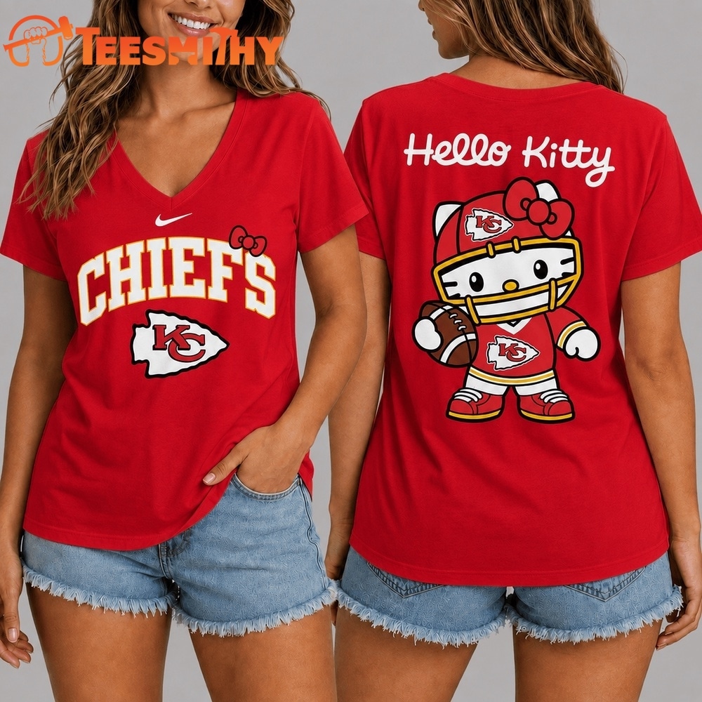Kansas City Chiefs NFL Hello Kitty Football V Neck T Shirt