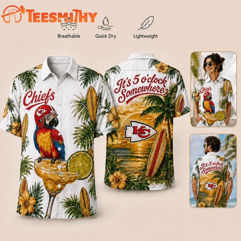Kansas City Chiefs NFL It's 5 O'clock Somewhere Button Up Tropical Parrot Hawaiian Shirt