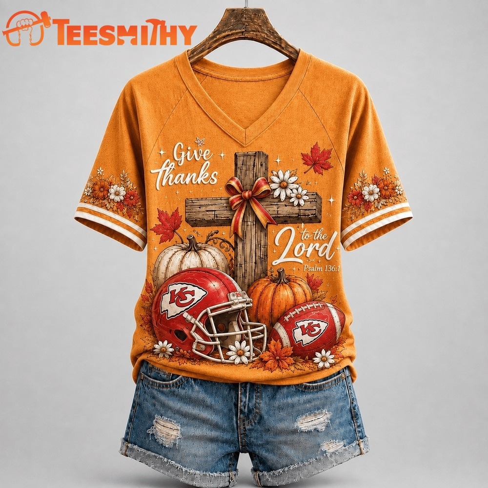 Kansas City Chiefs NFL Thanksgiving Faith And Football V Neck T Shirt