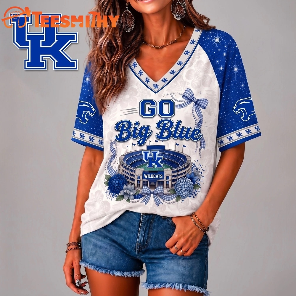 Kentucky Wildcats NCAA Floral Stadium Bow V Neck 3D T Shirt