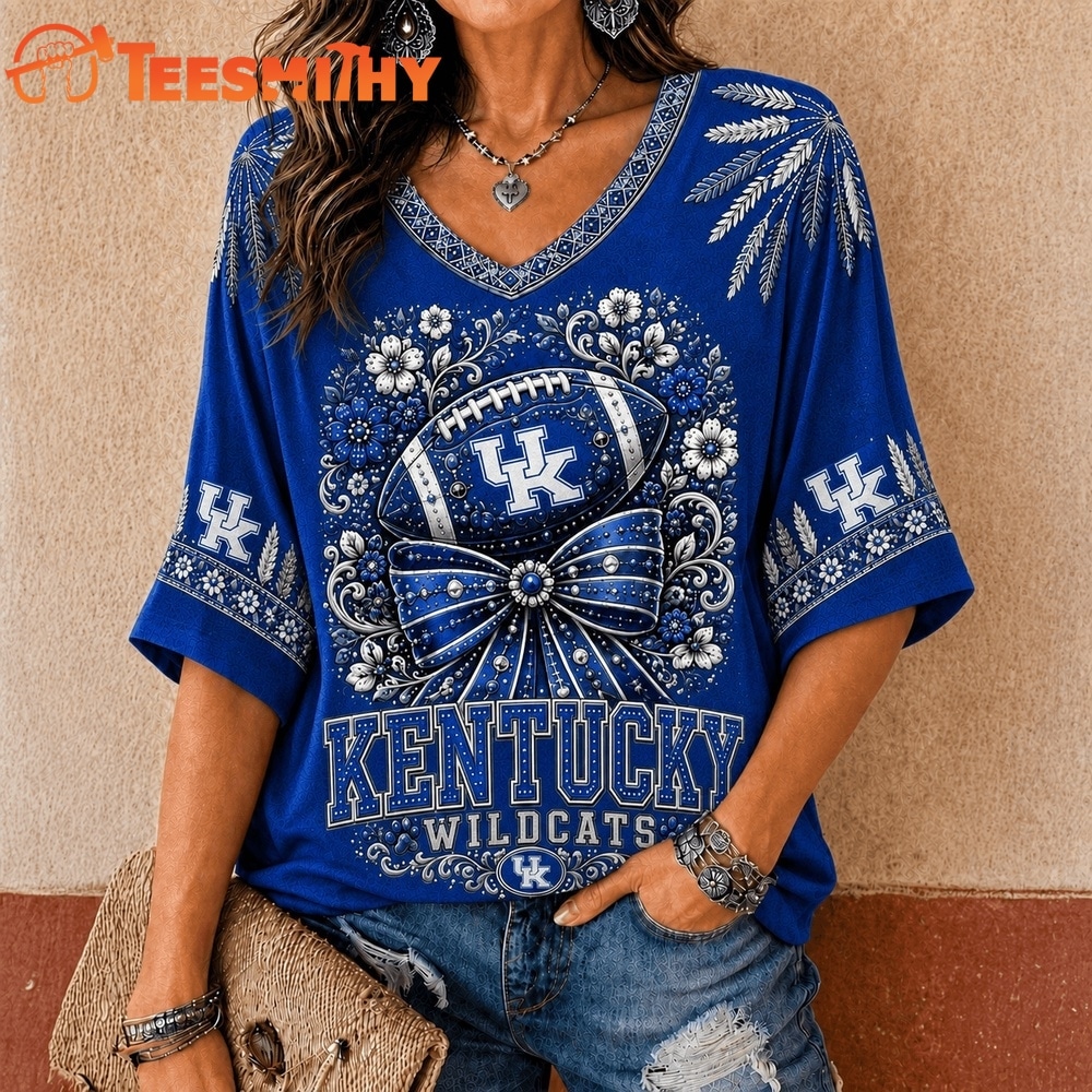 Kentucky Wildcats NCAA Vintage Floral Bow V Neck T Shirt