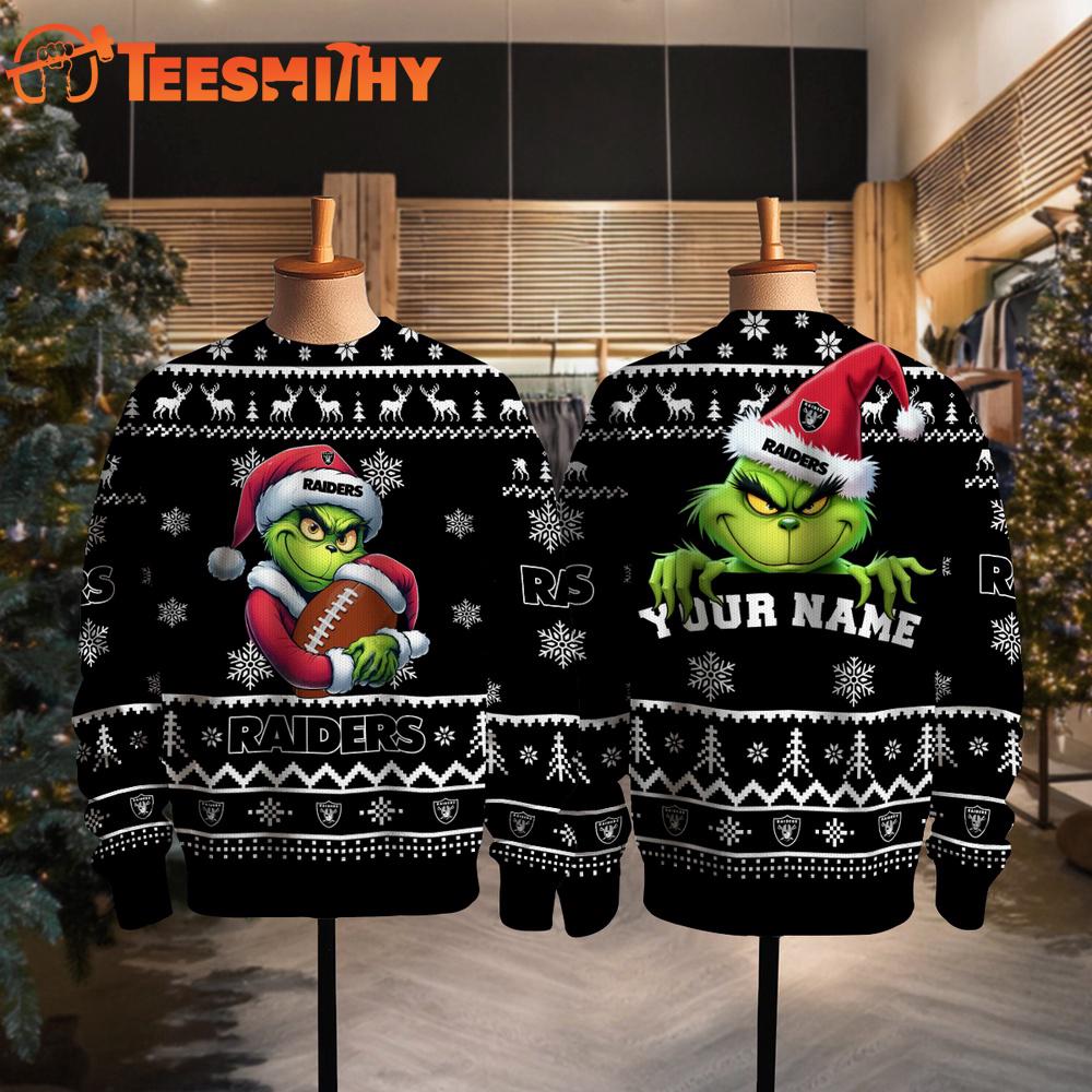 Las Vegas Raiders 2025 NFL Grinch Football Personalized Ugly Christmas Sweater
