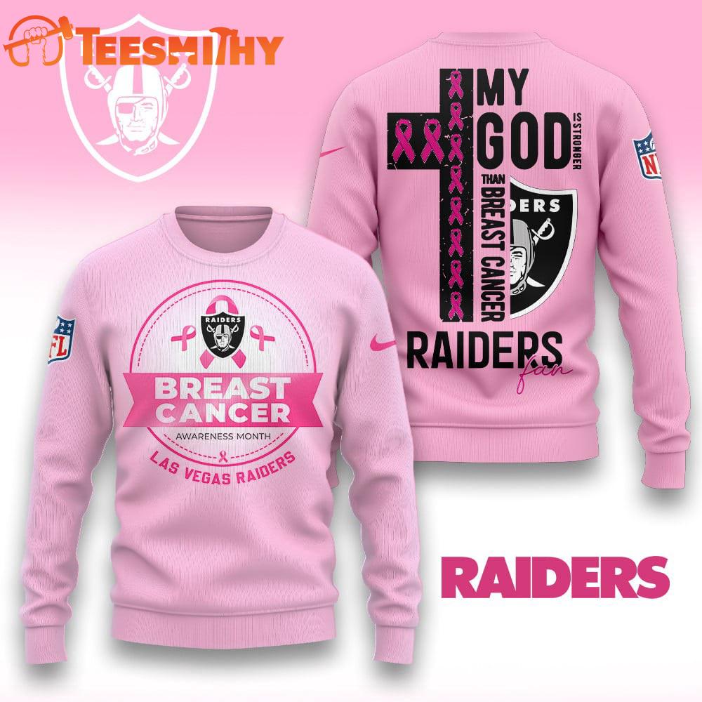 Las Vegas Raiders 2025 NFL My God Is Stronger Than Breast Cancer Chritmas Sweater