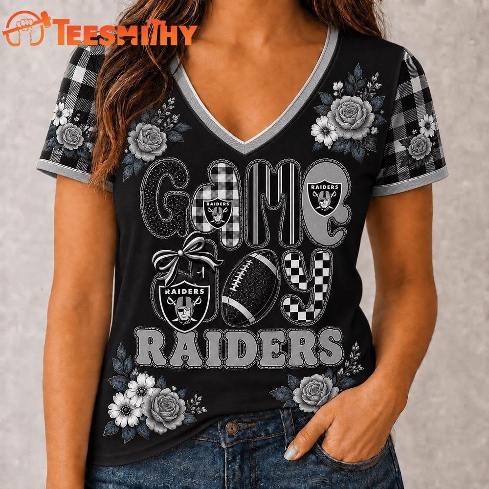 Las Vegas Raiders NFL Football Flowers Team Pride V Neck T Shirt