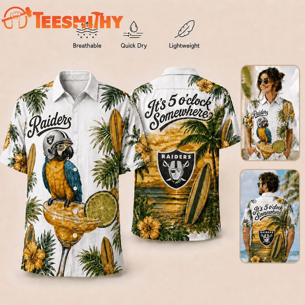 Las Vegas Raiders NFL It's 5 O'clock Somewhere Button Up Tropical Parrot Hawaiian Shirt