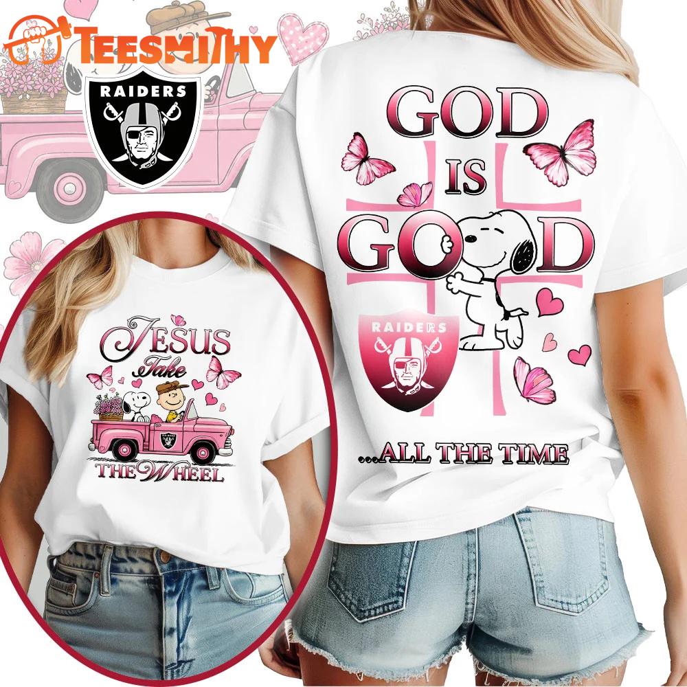 Las Vegas Raiders NFL Snoopy Jesus Take The Wheel God Is Good 3D Shirt