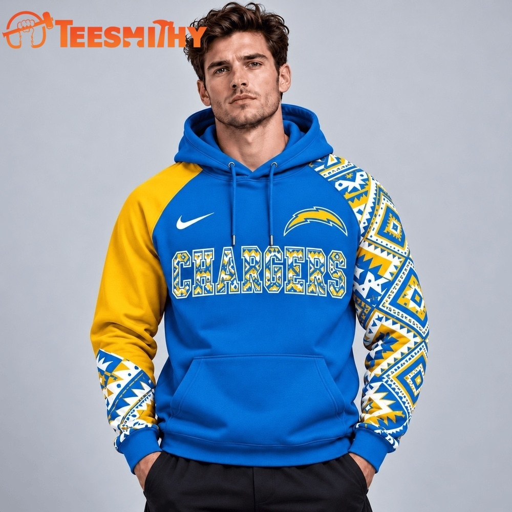 Los Angeles Chargers NFL Aztec Inspired Colorblock Hoodie With Asymmetric Sleeves And Bold Team Lettering