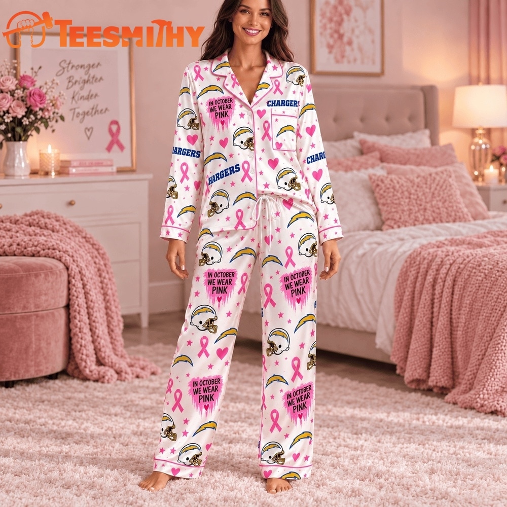 Los Angeles Chargers NFL Breast Cancer Pink Ribbon Long Sleeve Pajamas Set