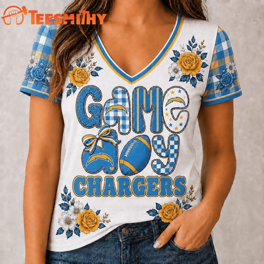 Los Angeles Chargers NFL Football Flowers Team Pride V Neck T Shirt