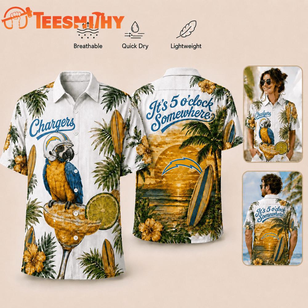 Los Angeles Chargers NFL It's 5 O'clock Somewhere Button Up Tropical Parrot Hawaiian Shirt