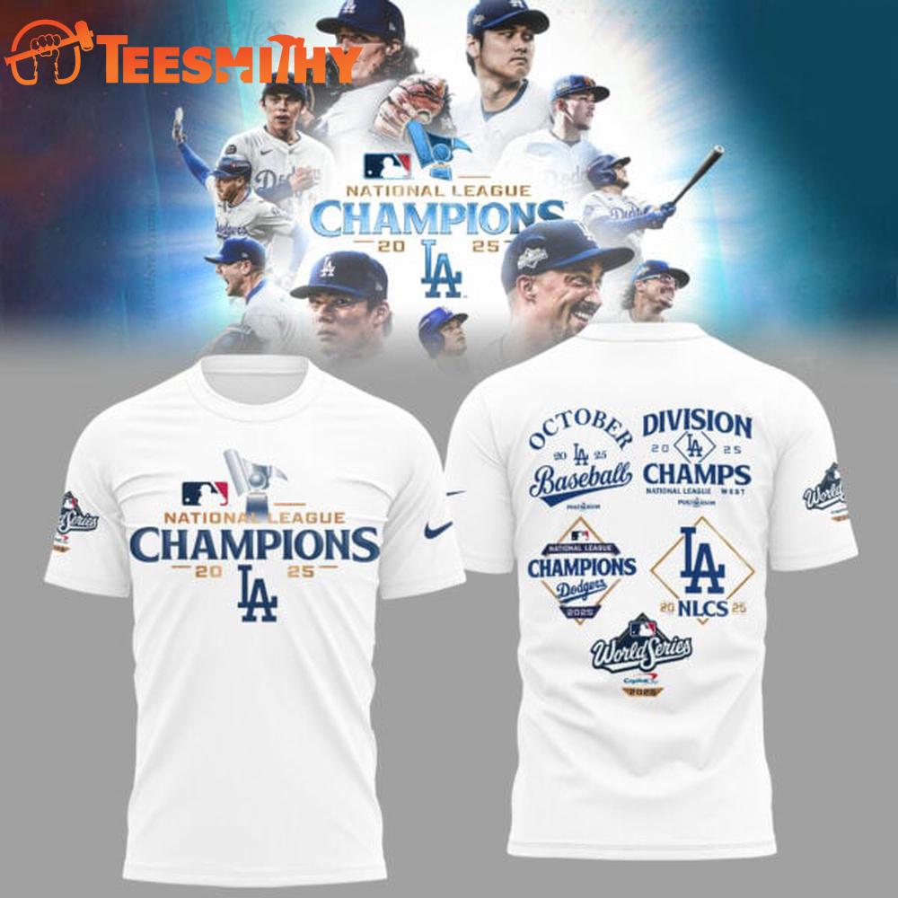 Los Angeles Dodgers National League Champions 2025 White T Shirt Los Angeles Dodgers National League Champions 2025 White T Shirt