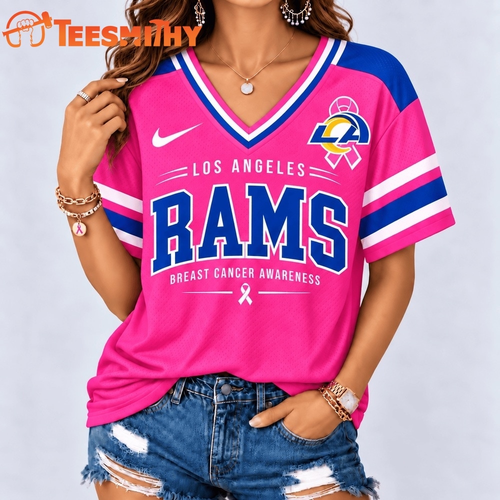Los Angeles Rams 2026 NFL Pink Breast Cancer Awareness V neck T Shirt