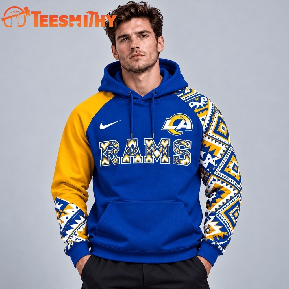 Los Angeles Rams NFL Aztec Inspired Colorblock Hoodie With Asymmetric Sleeves And Bold Team Lettering