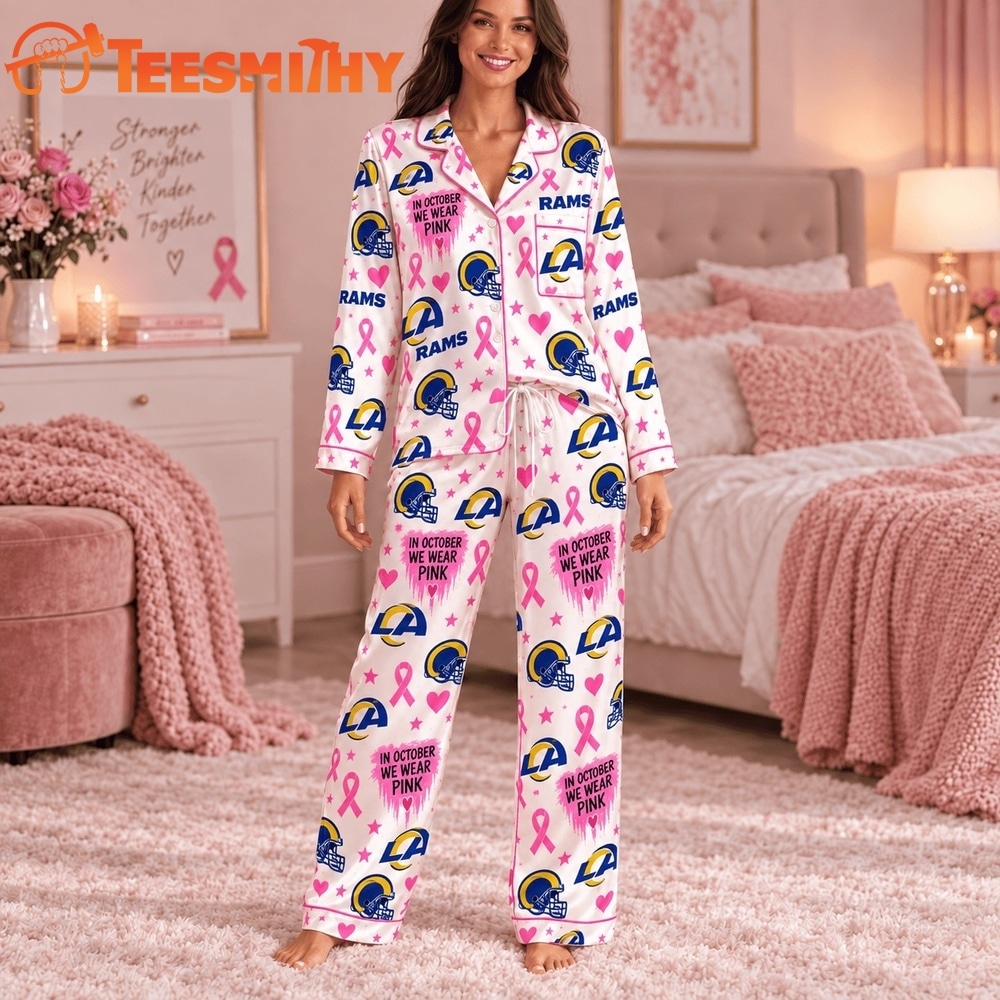 Los Angeles Rams NFL Breast Cancer Pink Ribbon Long Sleeve Pajamas Set