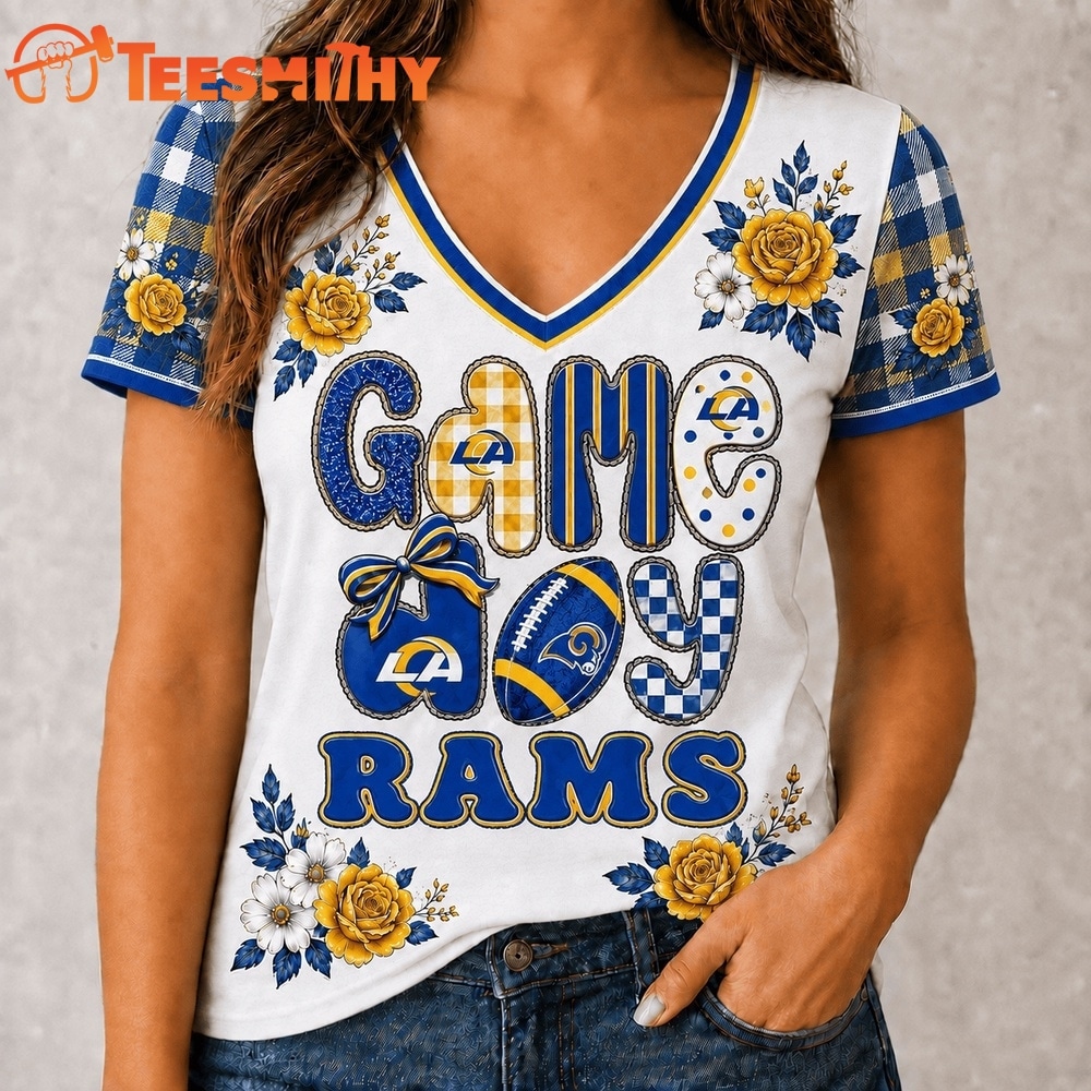 Los Angeles Rams NFL Football Flowers Team Pride V Neck T Shirt