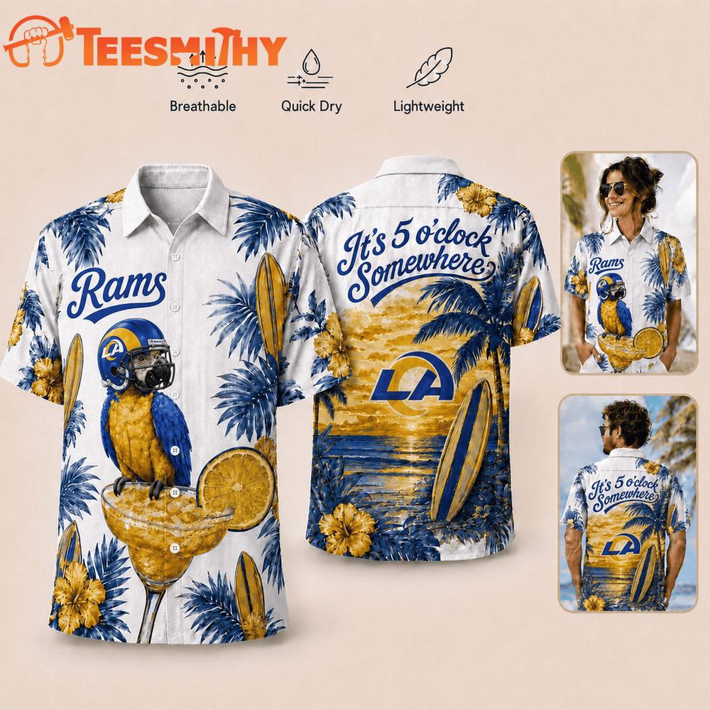 Los Angeles Rams NFL It's 5 O'clock Somewhere Button Up Tropical Parrot Hawaiian Shirt