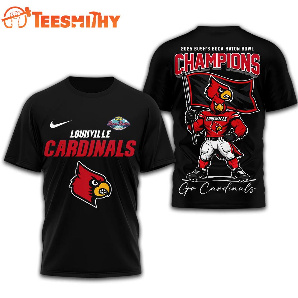 Louisville Cardinals NCAA 2025 Bush Boca Raton Bowl Champions Black 3D Shirt