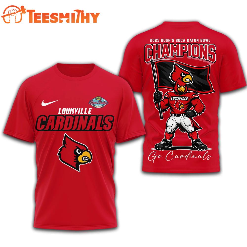 Louisville Cardinals NCAA 2025 Bush Boca Raton Bowl Champions Red 3D Shirt