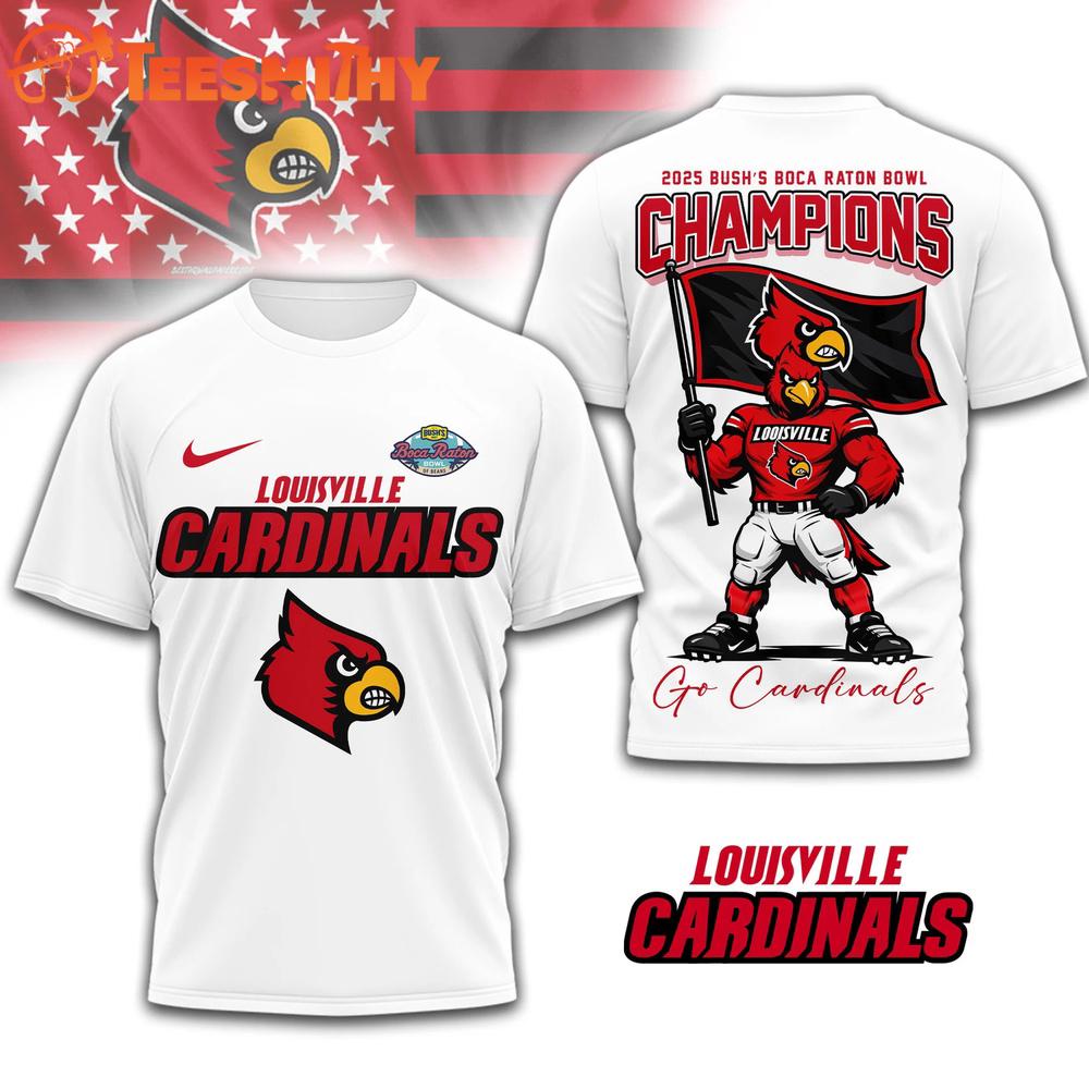 Louisville Cardinals NCAA 2025 Bush Boca Raton Bowl Champions White 3D Shirt