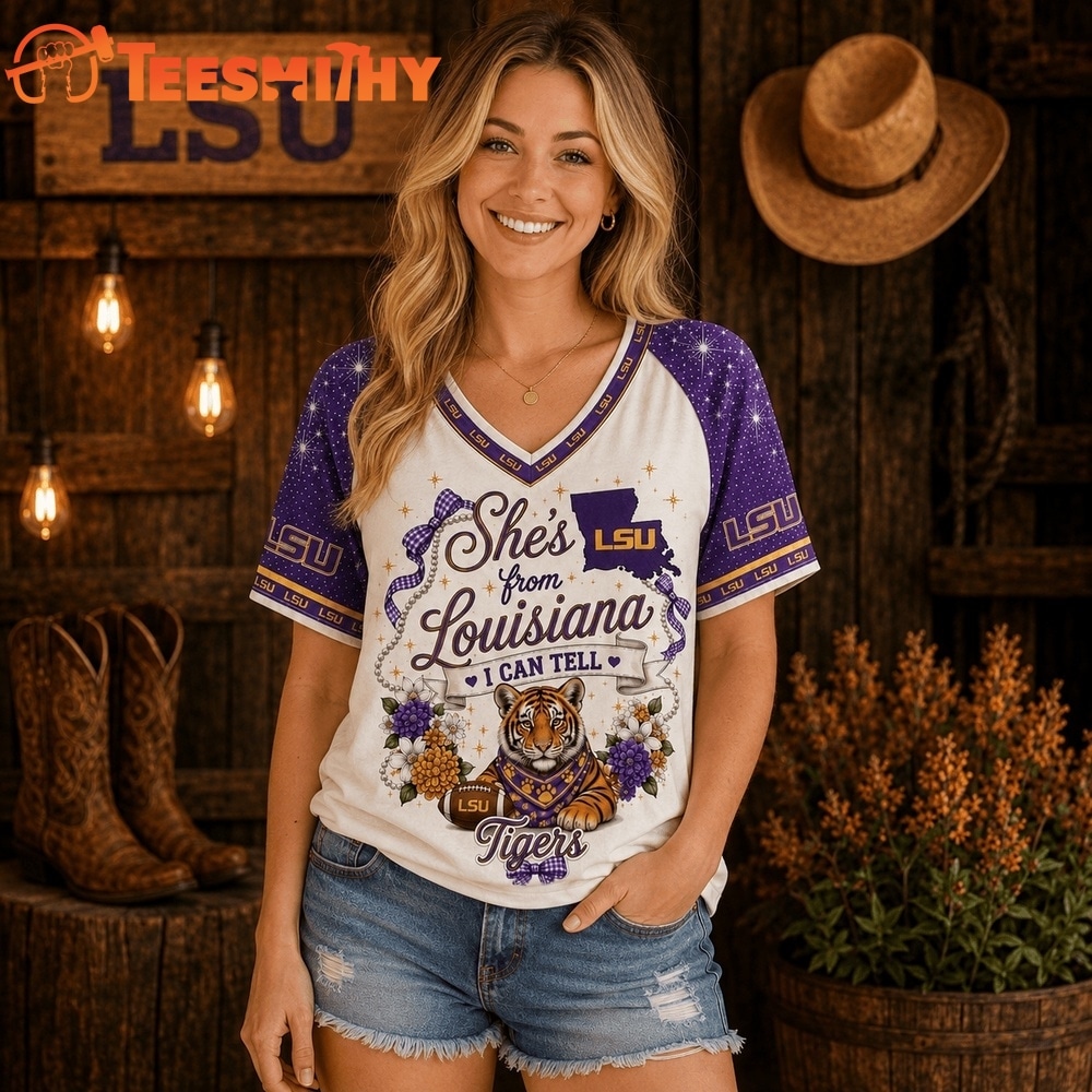 LSU Tigers NCAA Bow and Floral Team Spirit V Neck T Shirt