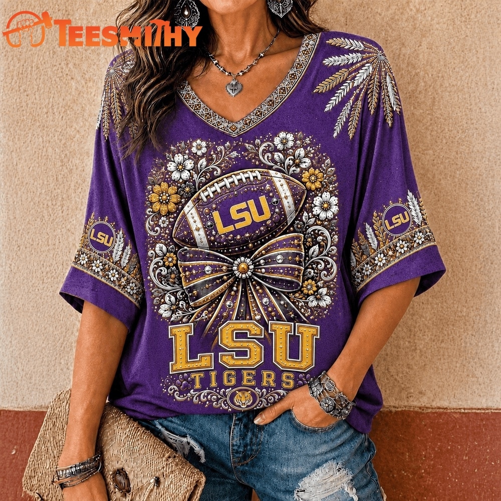 LSU Tigers NCAA Vintage Floral Bow V Neck T Shirt