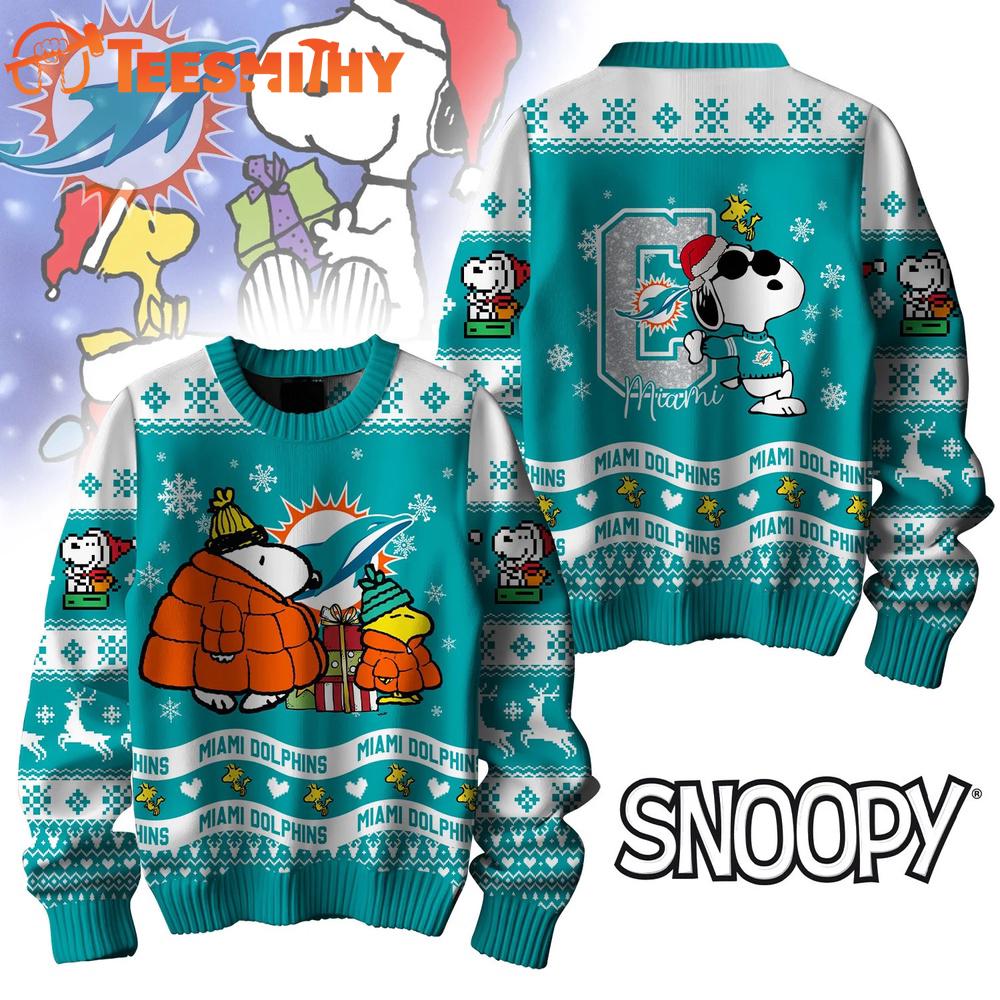 Miami Dolphins 2025 NFL Peanuts Snoopy Funny Christmas Ugly Sweater