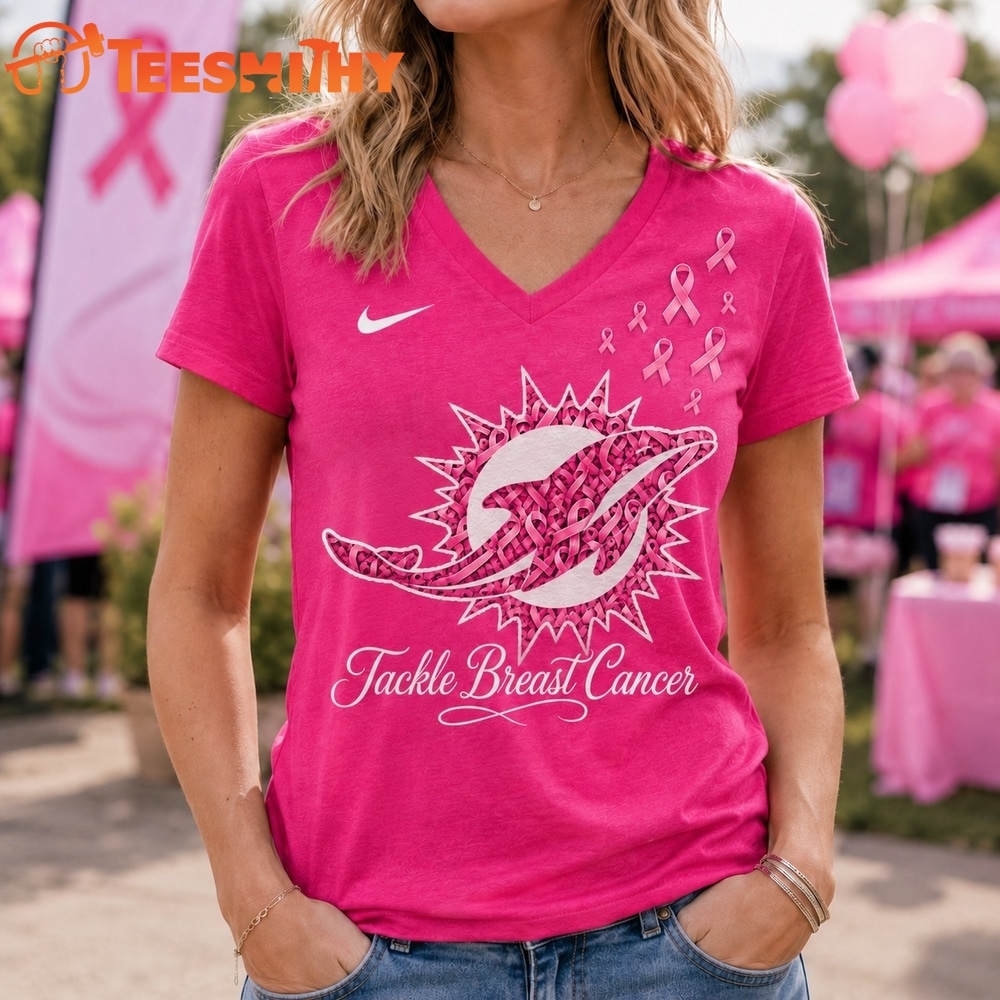 Miami Dolphins 2026 NFL Tackle Breast Cancer V neck T Shirt