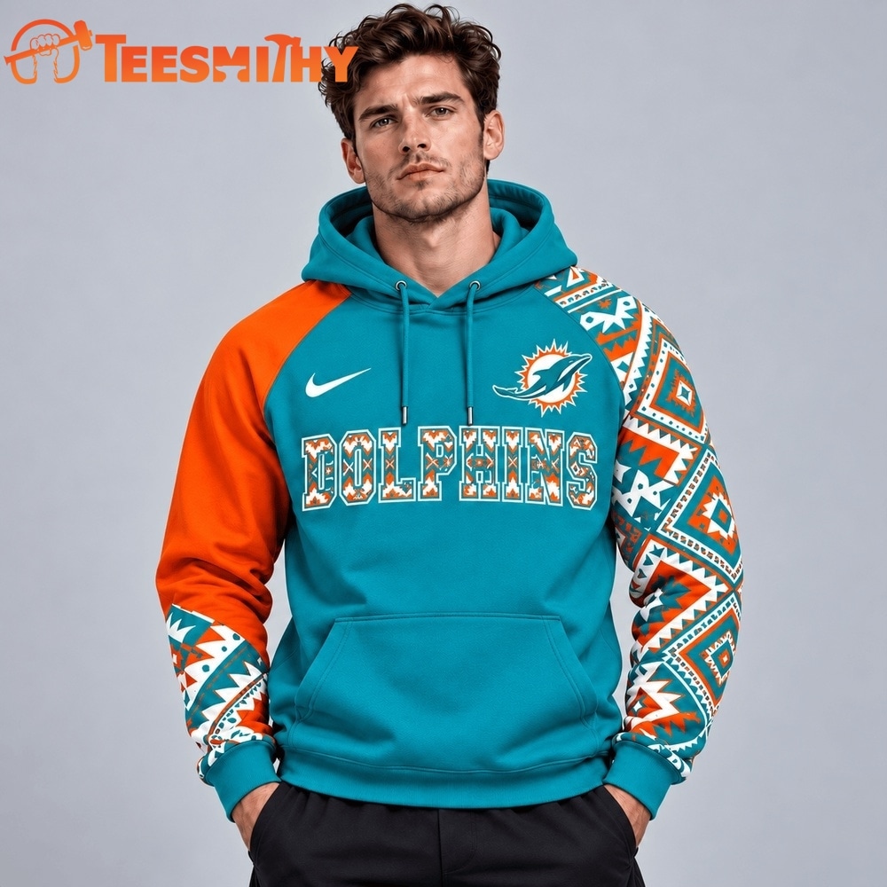 Miami Dolphins NFL Aztec Inspired Colorblock Hoodie With Asymmetric Sleeves And Bold Team Lettering