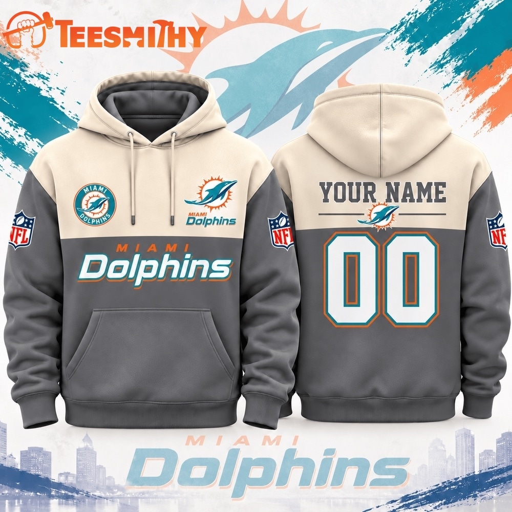 Miami Dolphins NFL Custom Varsity Colorblock Pullover Hoodie