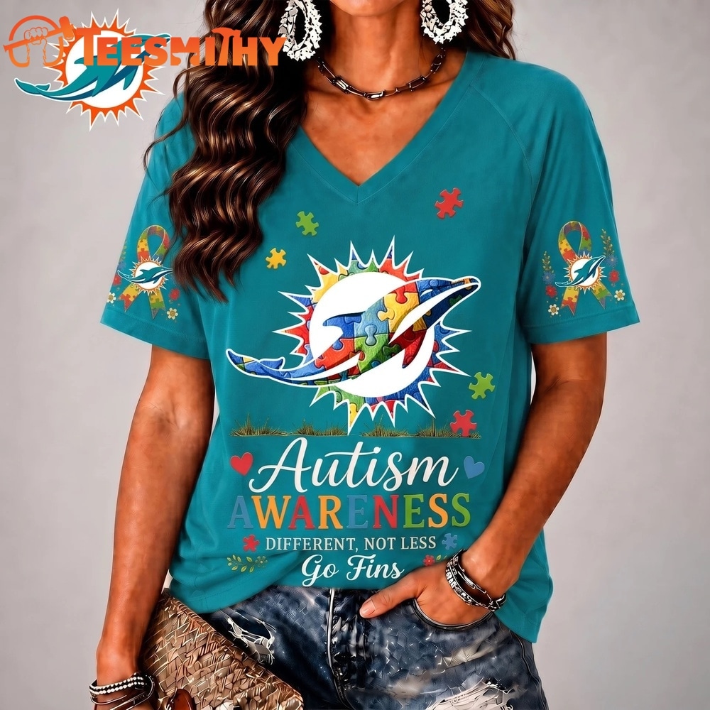 Miami Dolphins NFL Different, Not Less Autism Awareness V neck T Shirt
