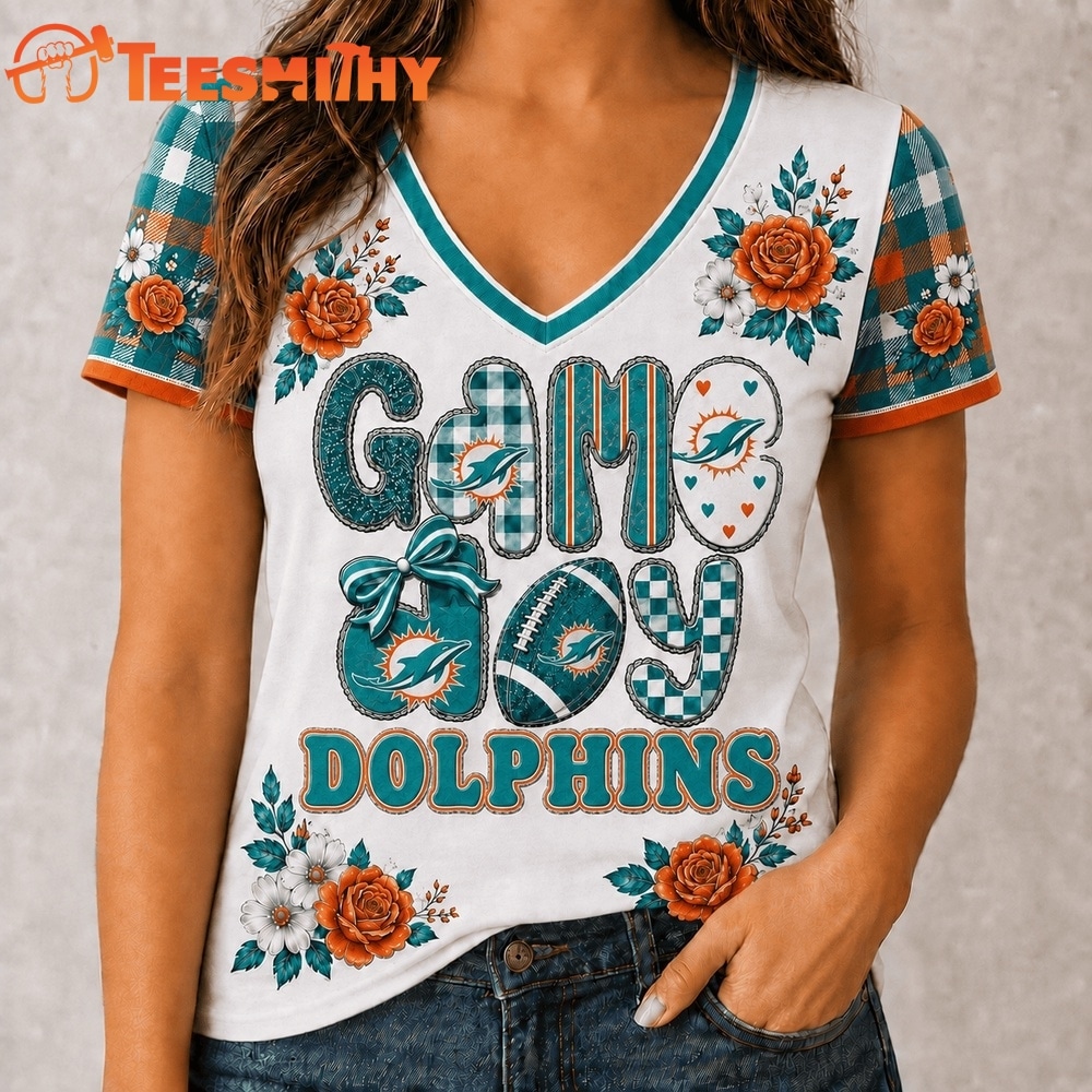 Miami Dolphins NFL Football Flowers Team Pride V Neck T Shirt