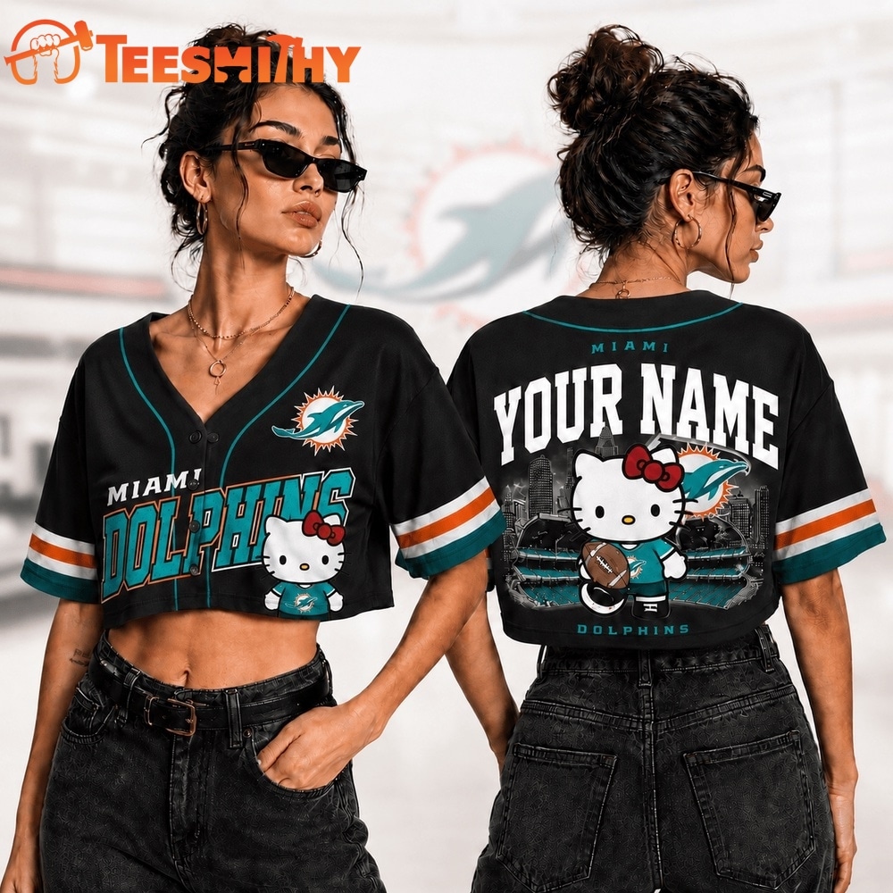 Miami Dolphins NFL Hello Kitty Personalized Crop Top Baseball Jersey